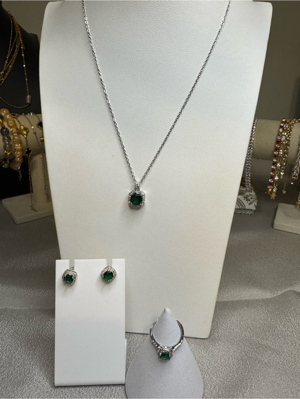 Emerald Green Silver Tone Pendant Necklace and Earring Set - Women Jewelry